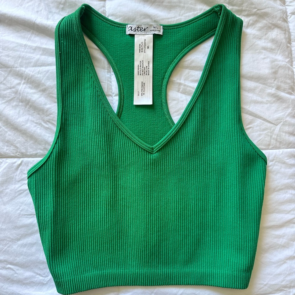 Women's Green Ribbed V-Neck Tank Top